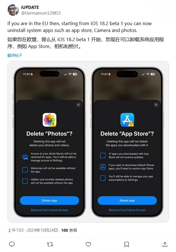 赣州苹果手机维修分享iOS 18.2 支持删除 App Store 应用商店 